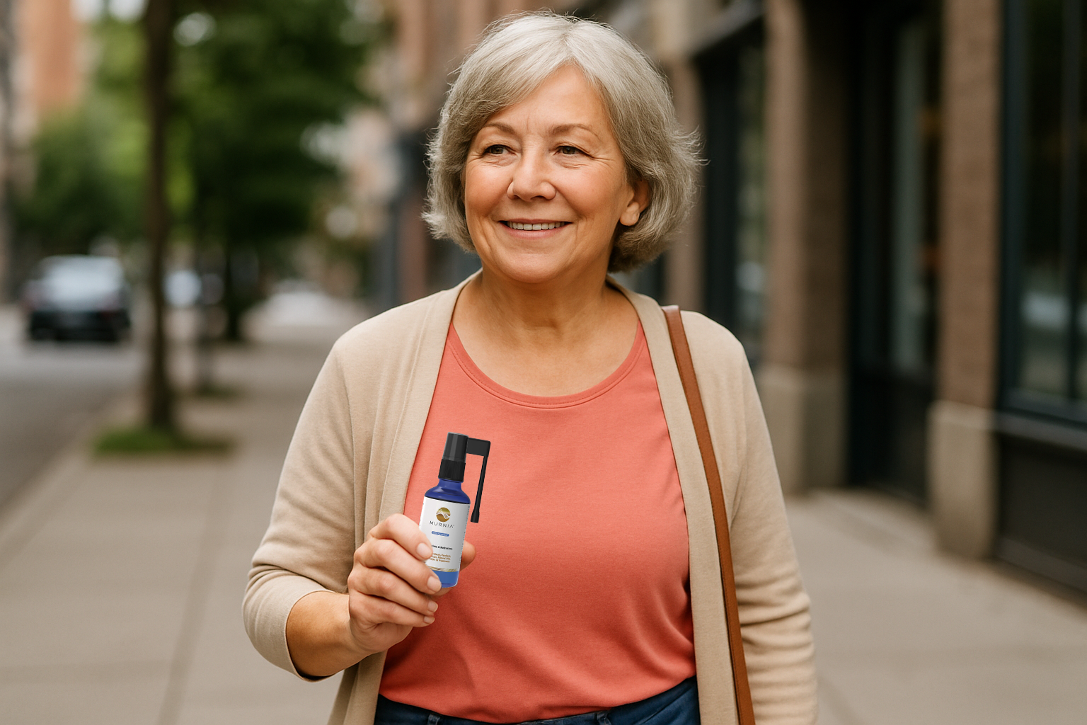 60 year old woman walking around with an oral spray bottle in her hand spray bottle is to sooth dry mouth-1 copy 60 year old woman walking around with an oral spray bottle in her hand spray bottle is to sooth dry mouth-1 copy